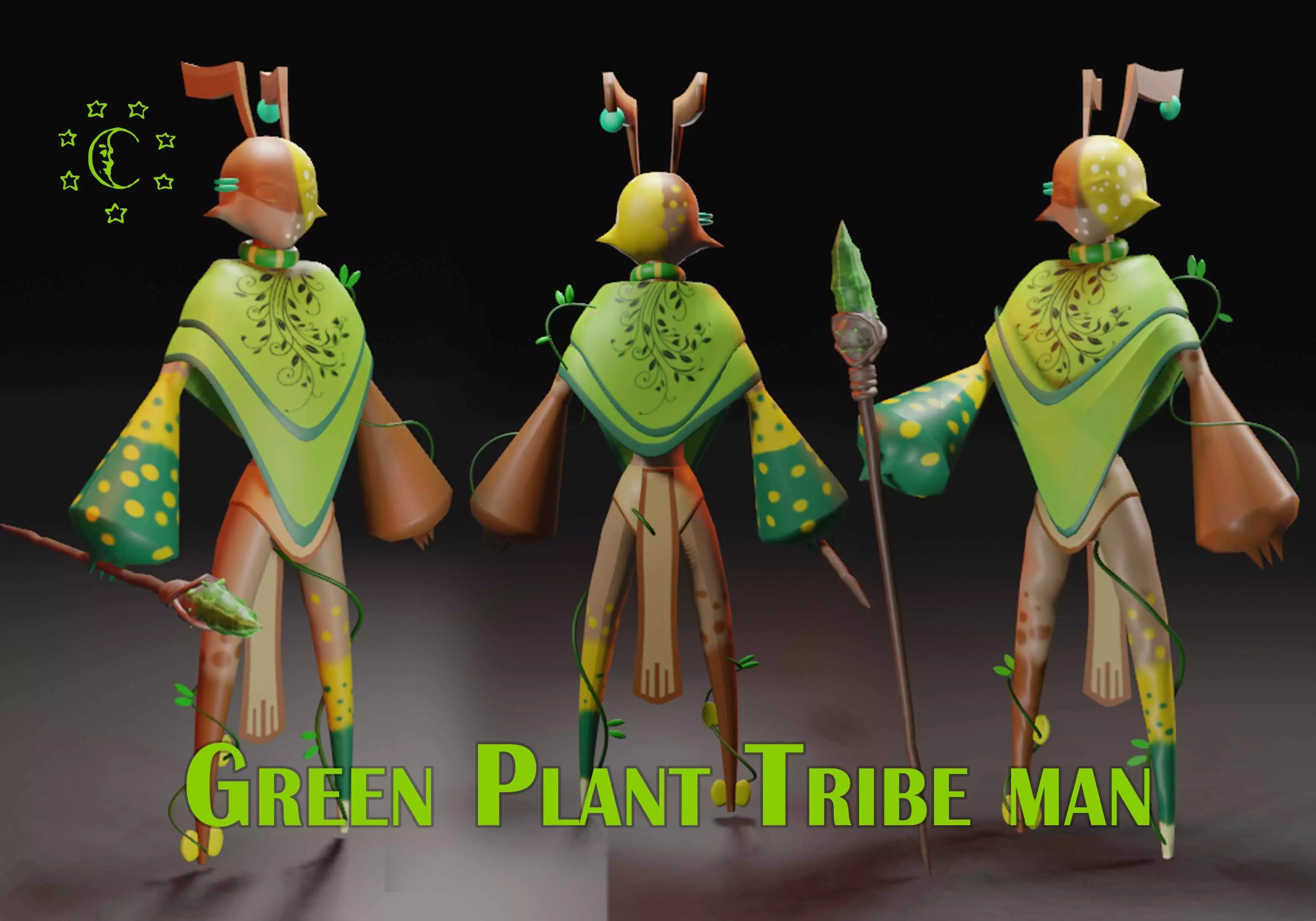 Low Poly game-ready rigged Fantasy magician Green Plant Tribe Low-poly 3D model_0