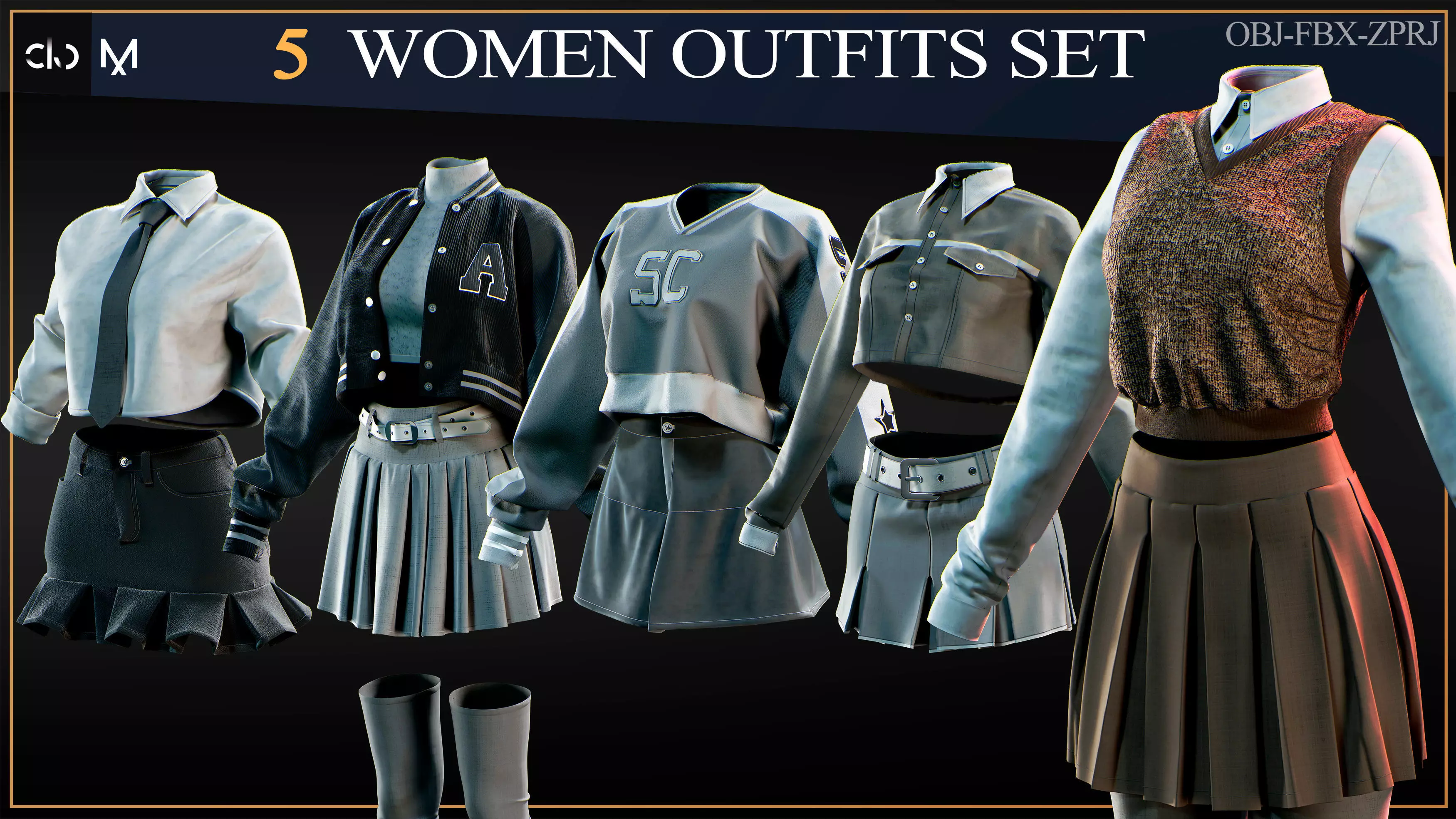 5 Woman Outfits Set 3D print model_0