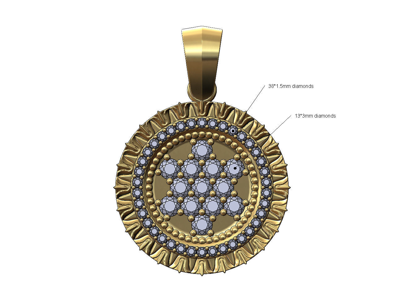 Iced leaf pattern carving diamond pendant with bail 3D print model_1