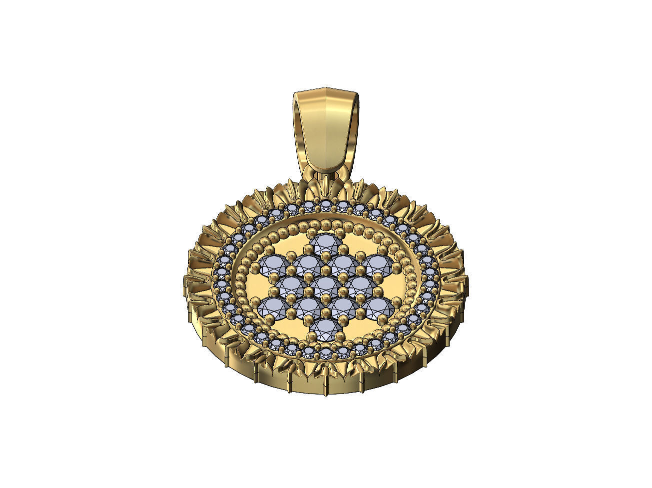 Iced leaf pattern carving diamond pendant with bail 3D print model_2