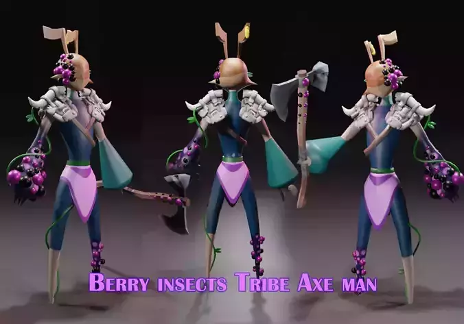 Low Poly rigged Fantasy Berry insects Tribe Axe Viking Low-poly 3D model