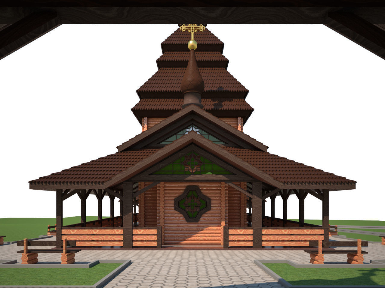 Church wooden with with interior 3D model_1