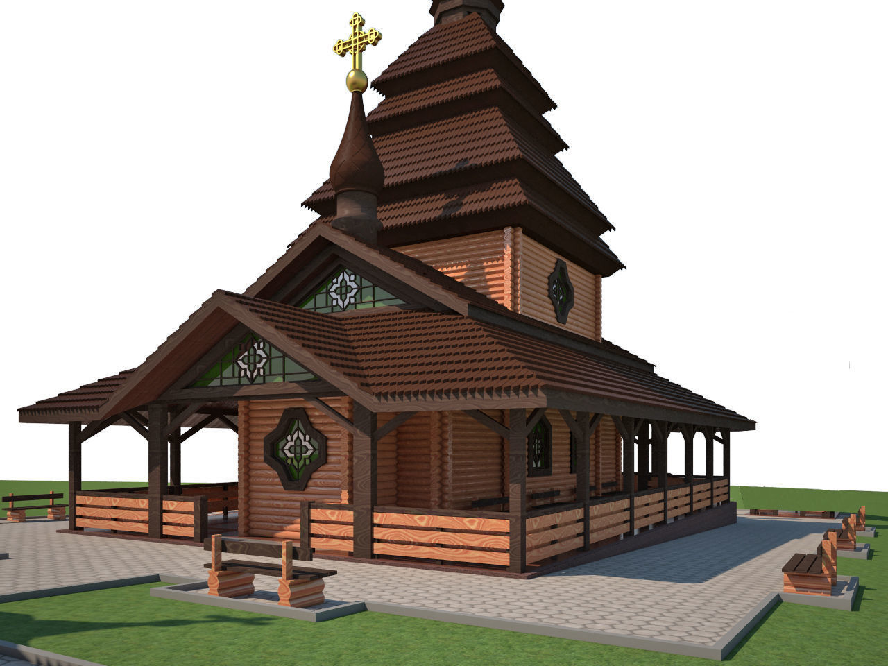 Church wooden with with interior 3D model_2