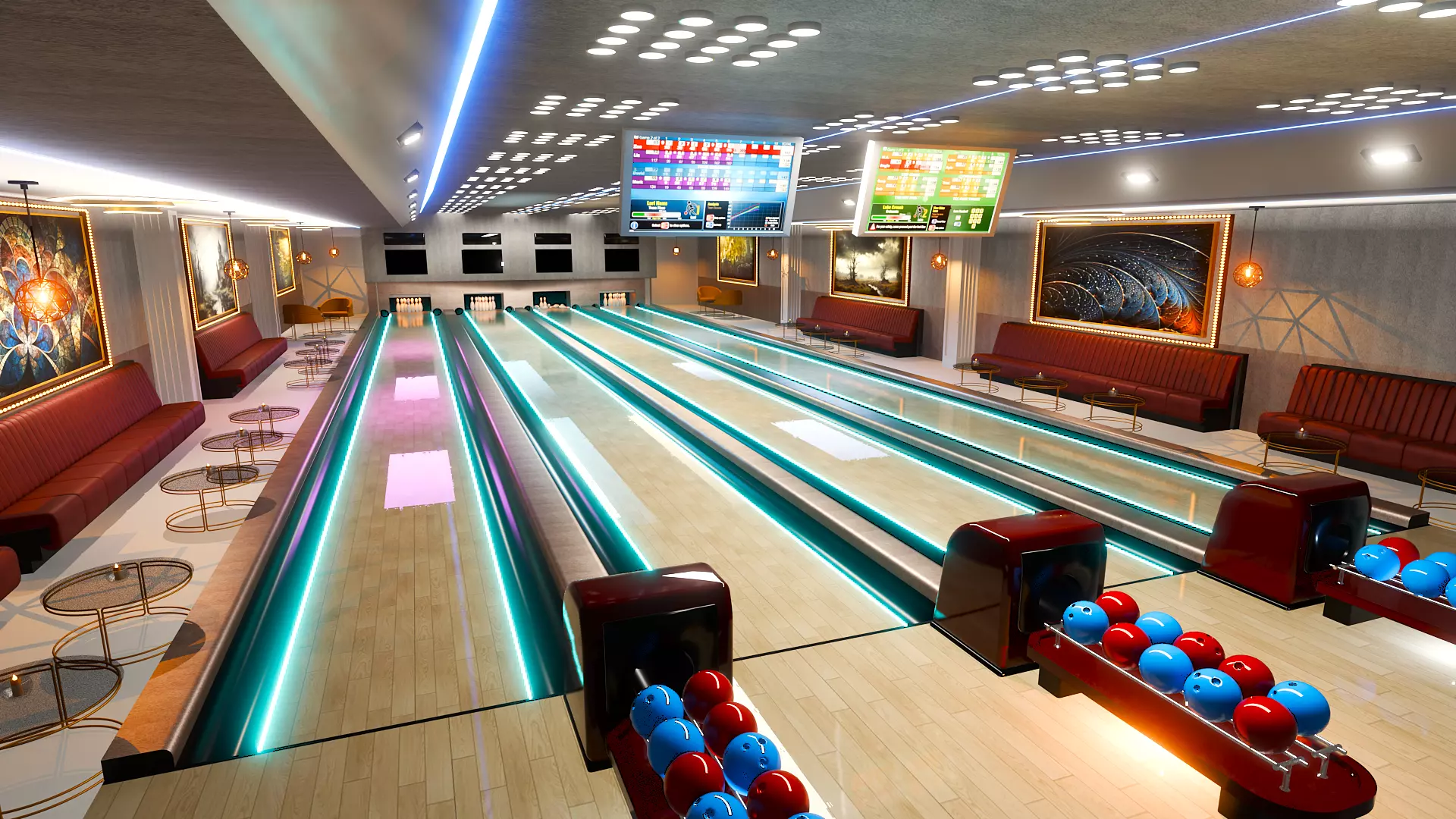 Bowling Alley Scene with Recreation Area 3D model_0