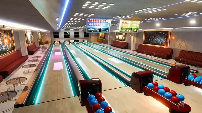 Bowling Alley Scene with Recreation Area