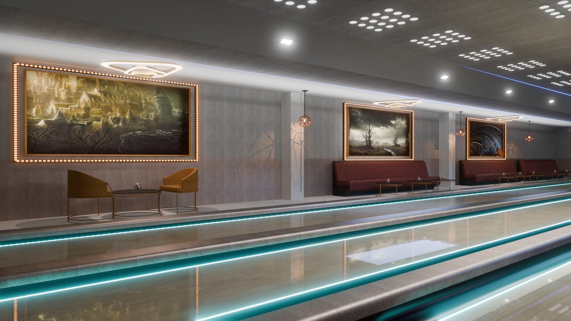 Bowling Alley Scene with Recreation Area 3D model_3