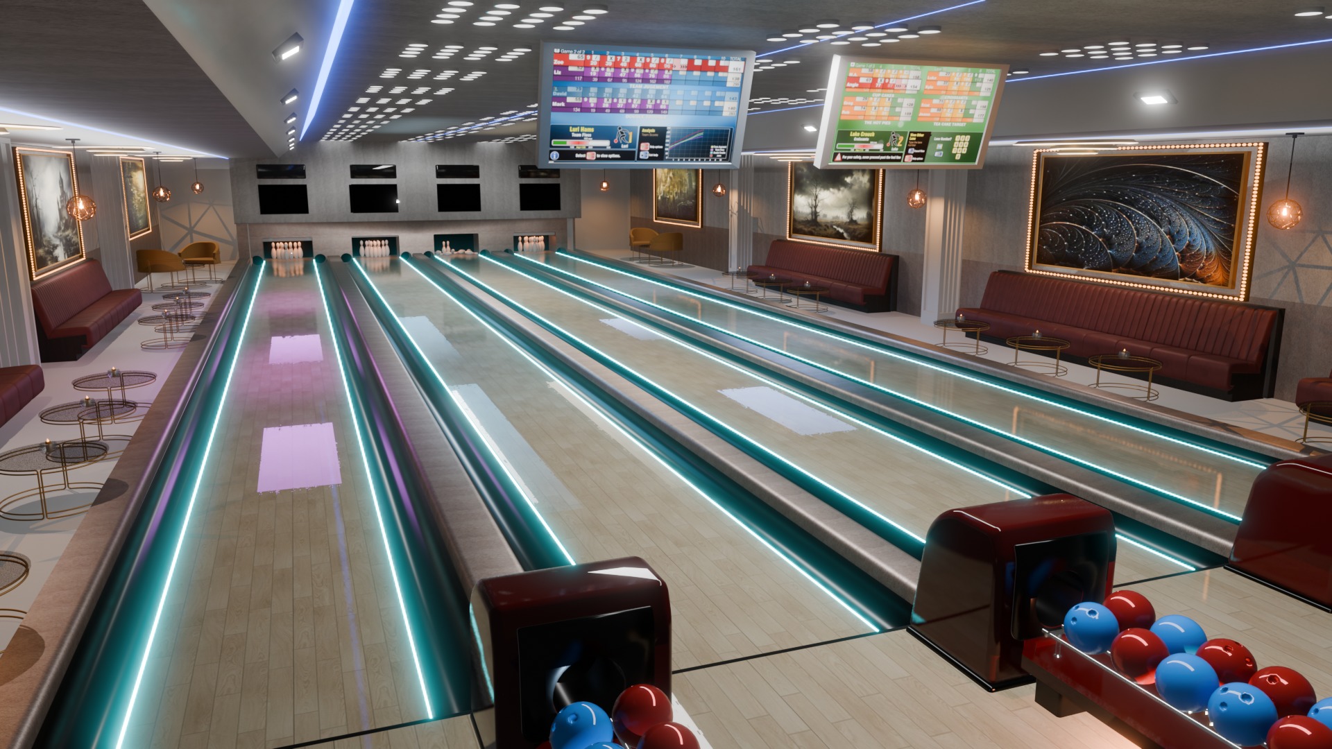 Bowling Alley Scene with Recreation Area 3D model_10