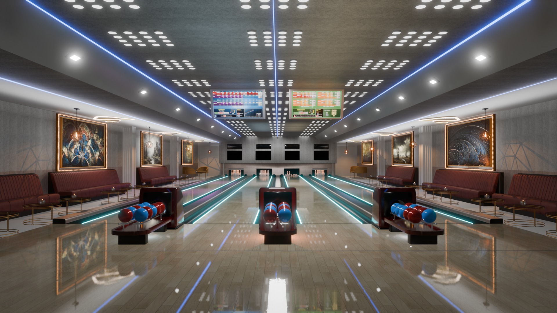 Bowling Alley Scene with Recreation Area 3D model_6