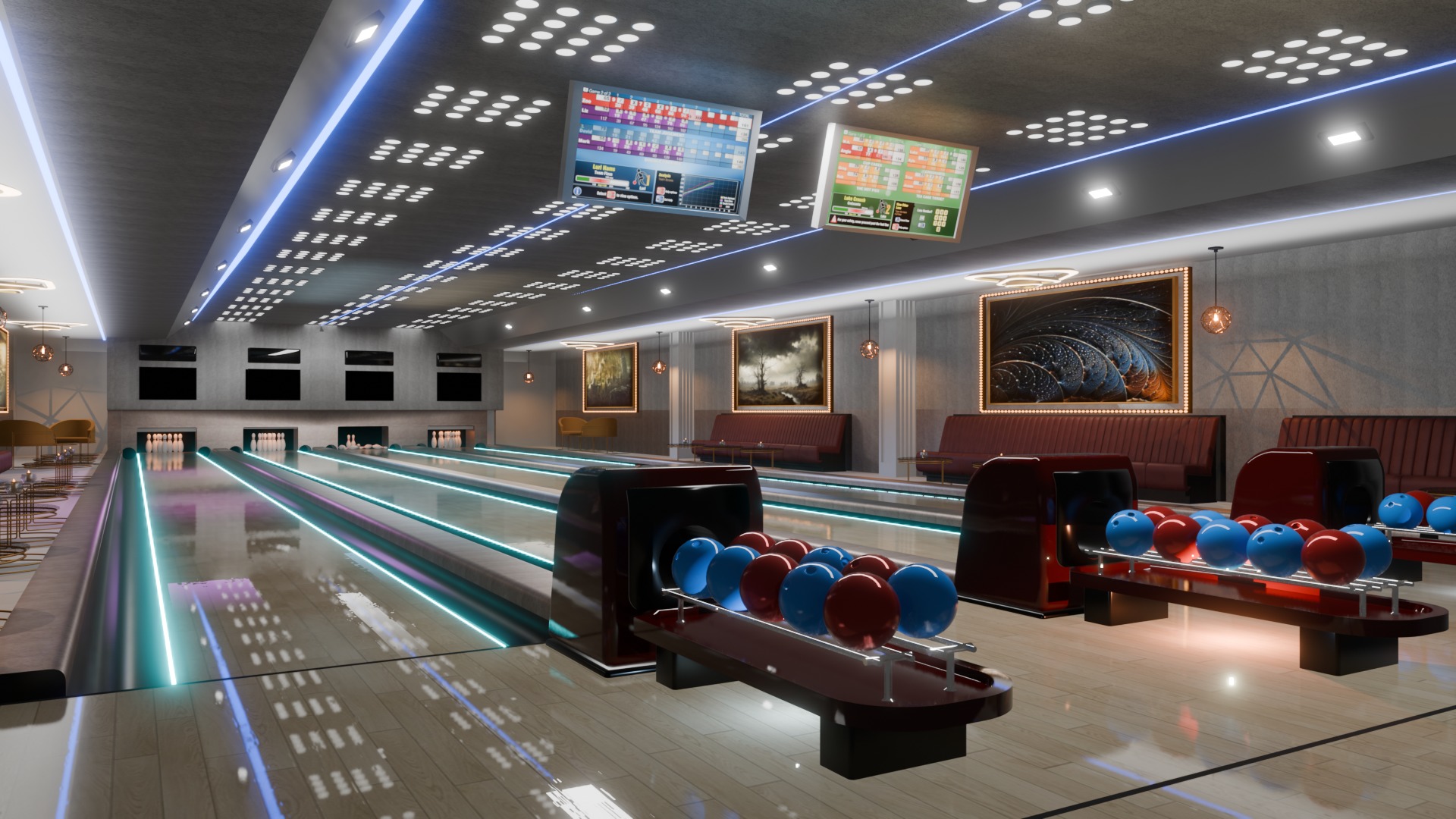 Bowling Alley Scene with Recreation Area 3D model_1