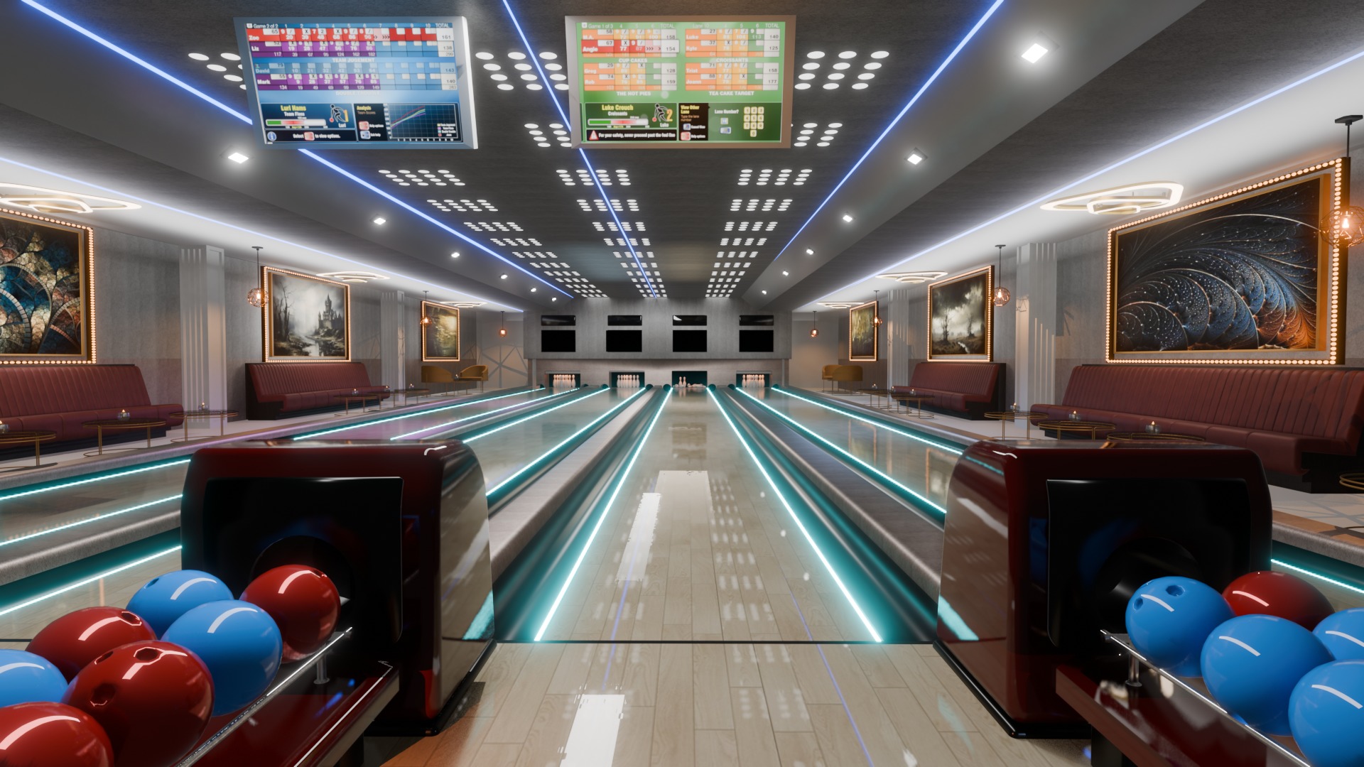 Bowling Alley Scene with Recreation Area 3D model_2
