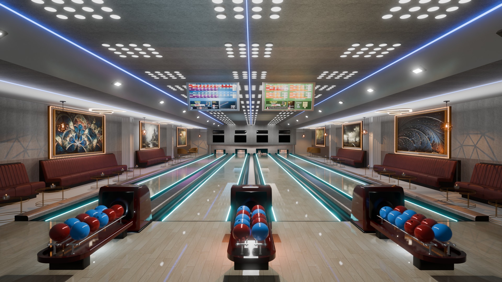 Bowling Alley Scene with Recreation Area 3D model_8