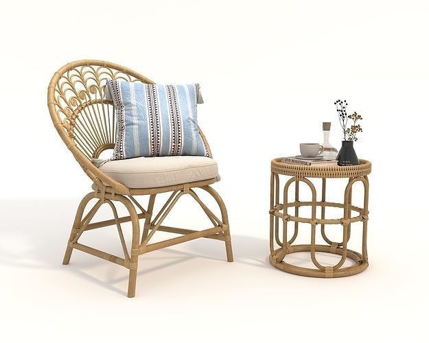 Rattan Coffee Table and Chairs 6 3D model