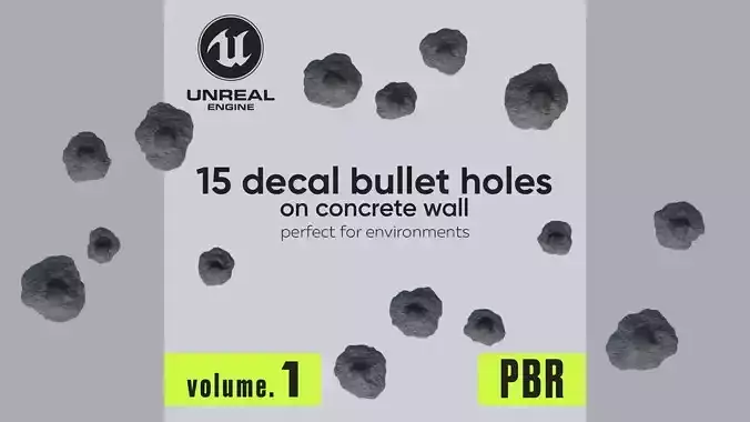 15 Bullet Hole Decals Pack on Concrete Wall 1 Texture