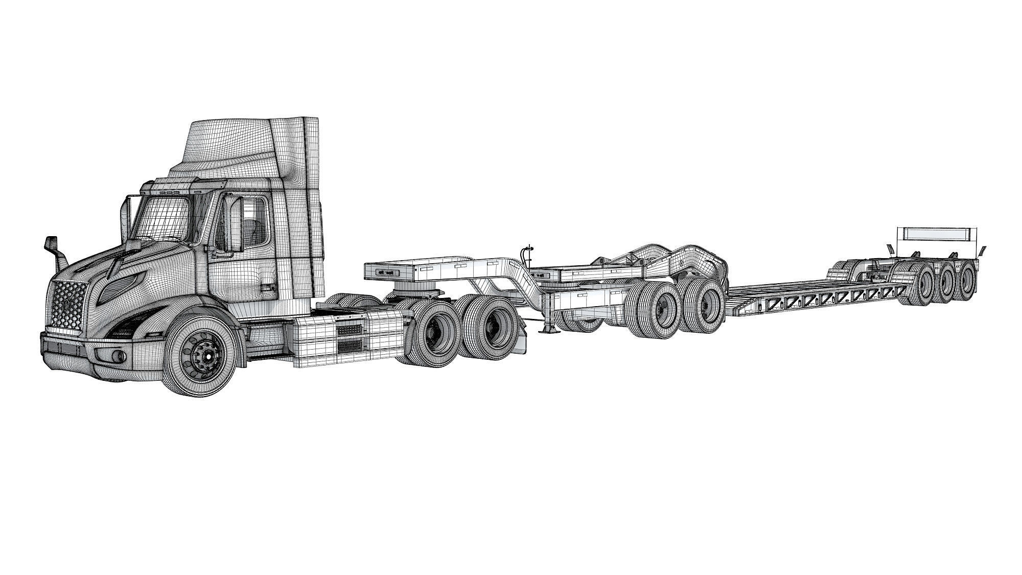 Semi Truck with Lowboy Trailer 3D model_17