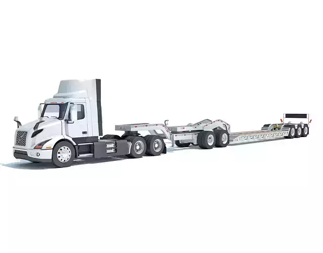 Semi Truck with Lowboy Trailer 3D model