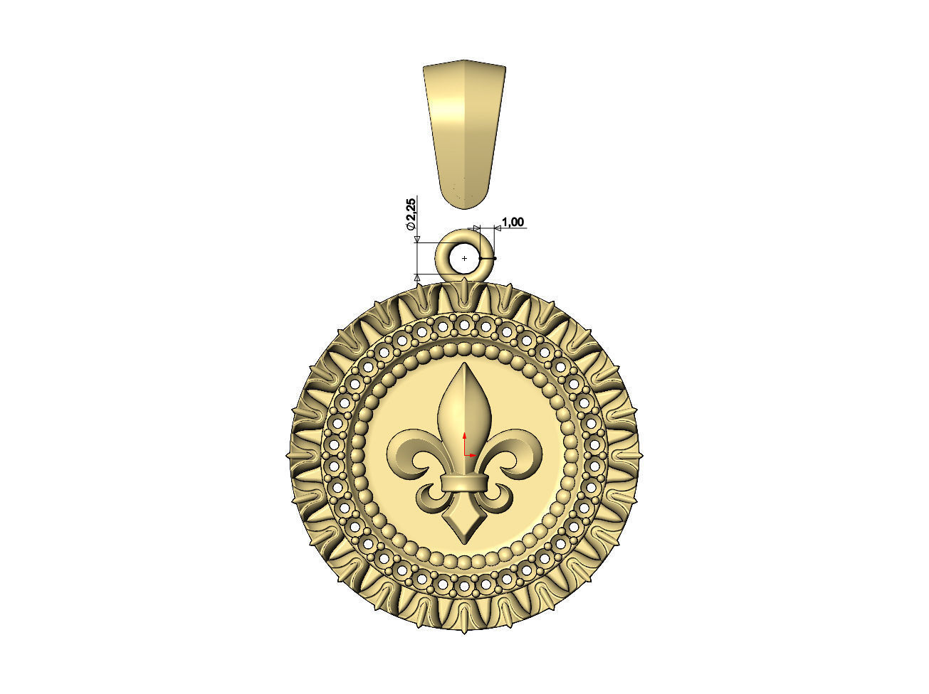 Heraldic lily leaf pattern carving diamond pendant with bail 3D print model_7