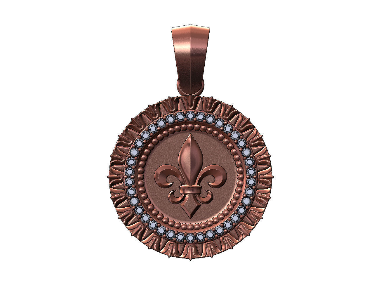 Heraldic lily leaf pattern carving diamond pendant with bail 3D print model_12