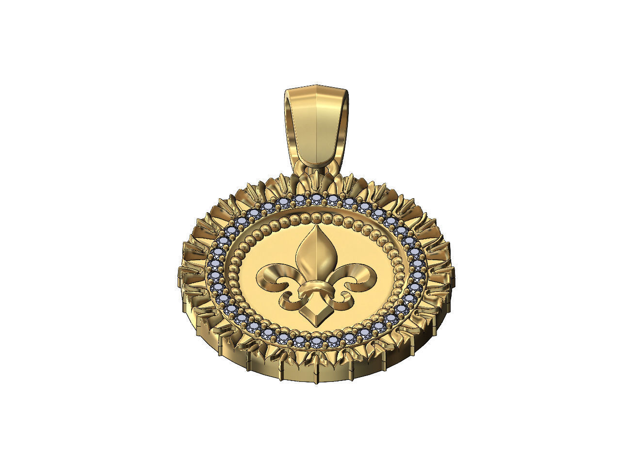 Heraldic lily leaf pattern carving diamond pendant with bail 3D print model_2