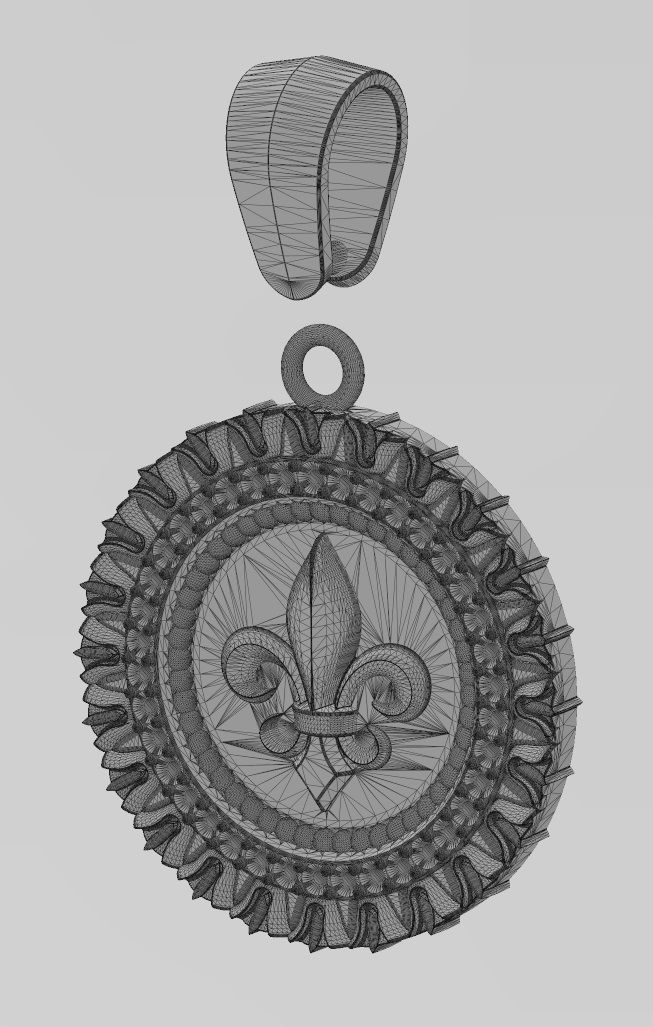 Heraldic lily leaf pattern carving diamond pendant with bail 3D print model_14