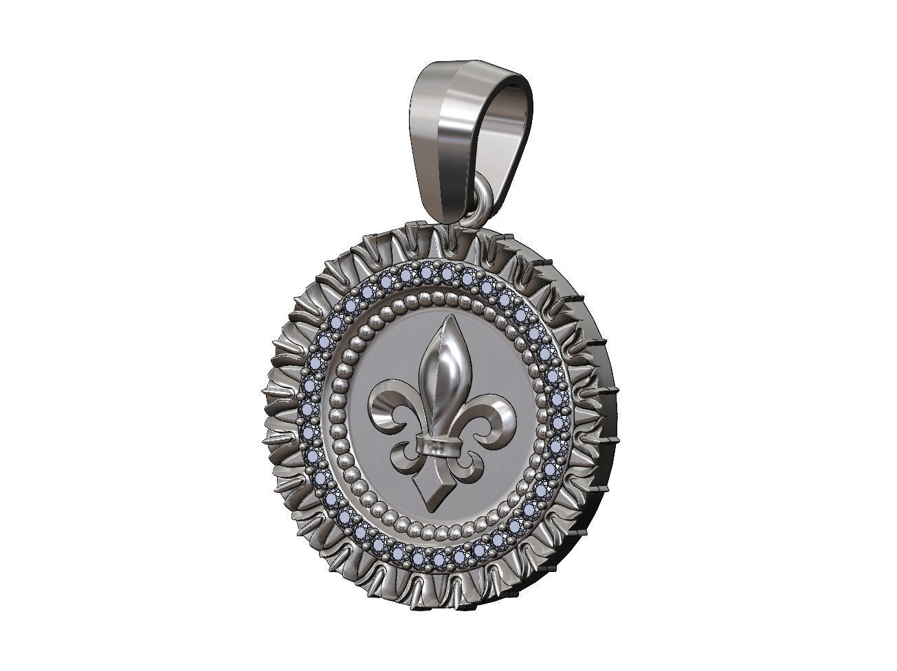 Heraldic lily leaf pattern carving diamond pendant with bail 3D print model_11