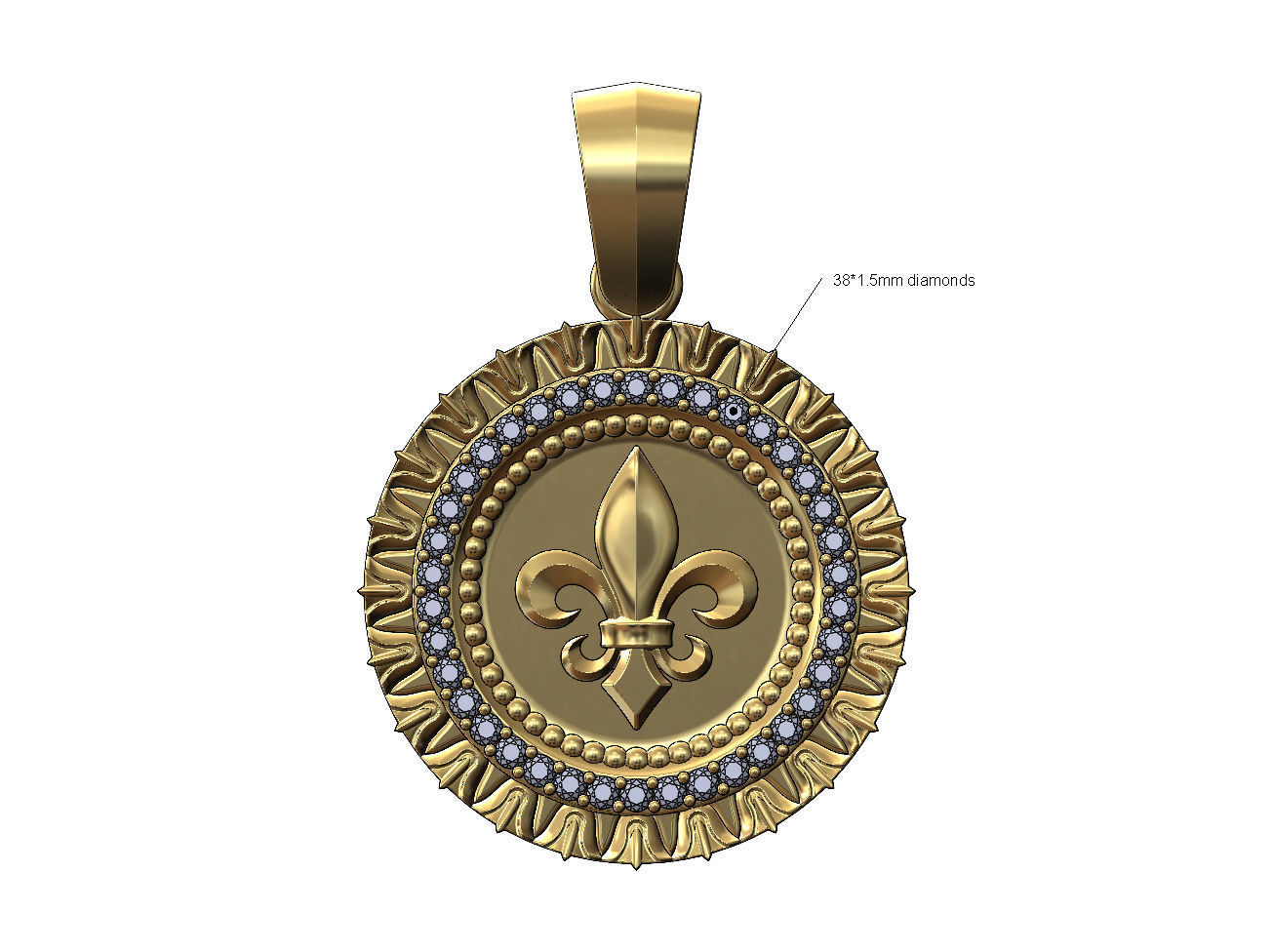 Heraldic lily leaf pattern carving diamond pendant with bail 3D print model_1