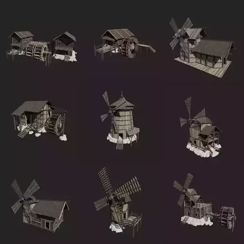 MEDIEVAL MILL WINDMILL WATERMILL FANTASY BUILDING COLLECTION Low-poly 3D model