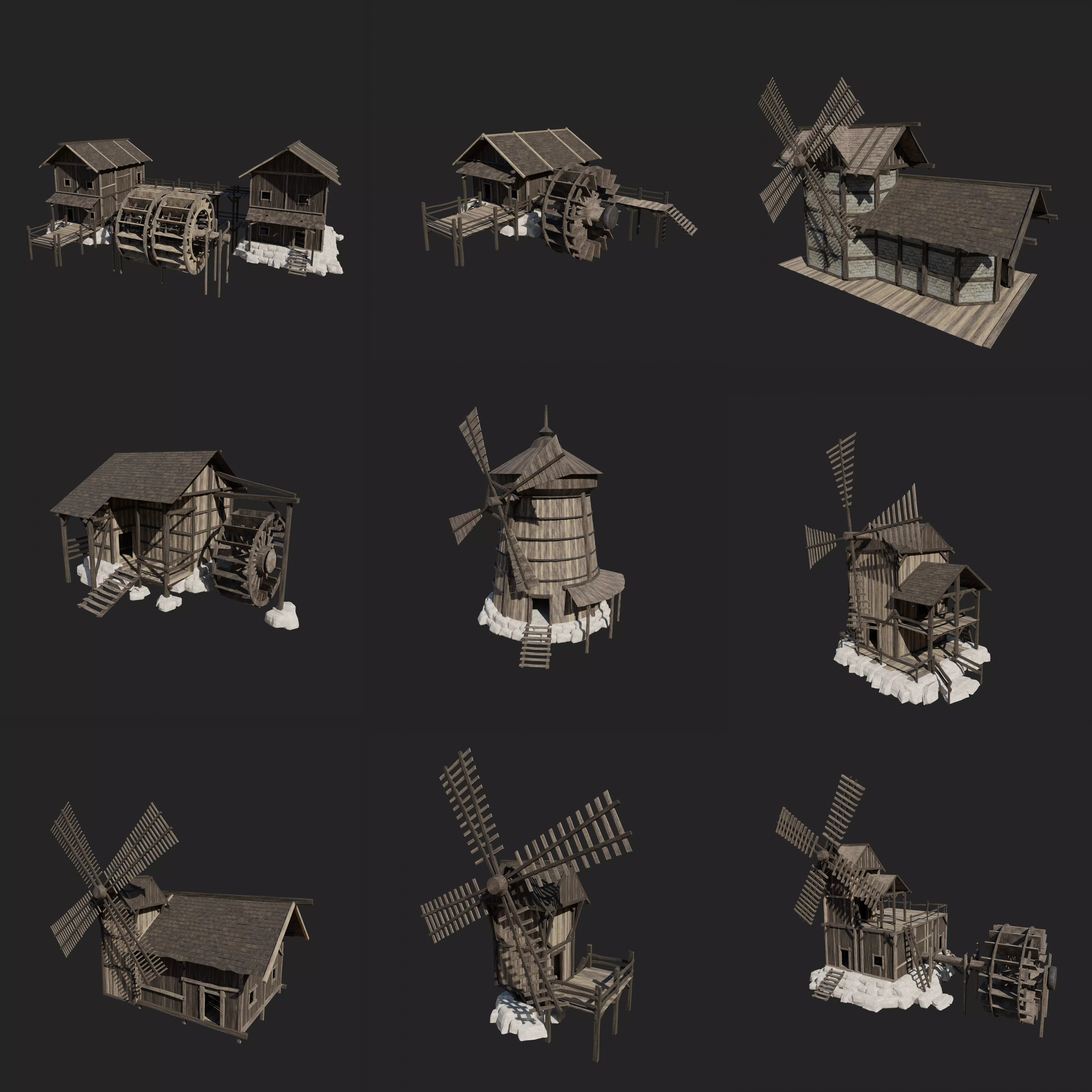 MEDIEVAL MILL WINDMILL WATERMILL FANTASY BUILDING COLLECTION Low-poly 3D model