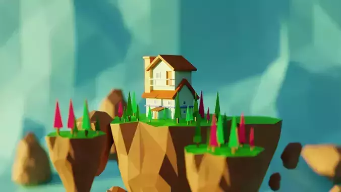 Floating Island House - Stylized Low Poly 3D Scene
