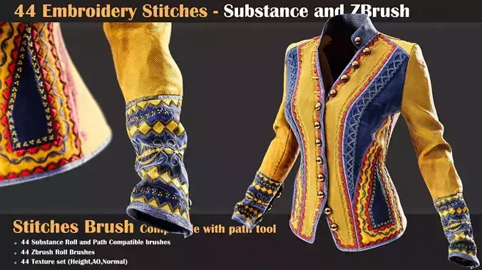 44 Embroidery Stitches - Brush for Substance and ZBrush   Texture