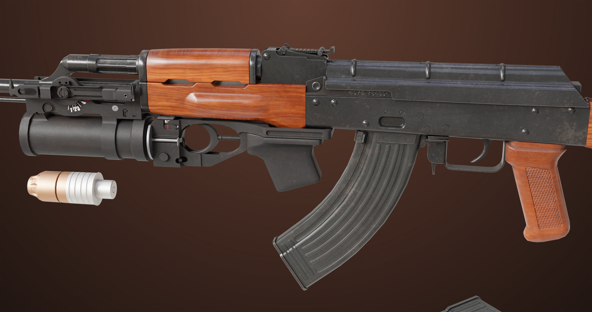 Light Machine Gun 10 Wood All PBR Unity UE Textures Low-poly 3D model_3