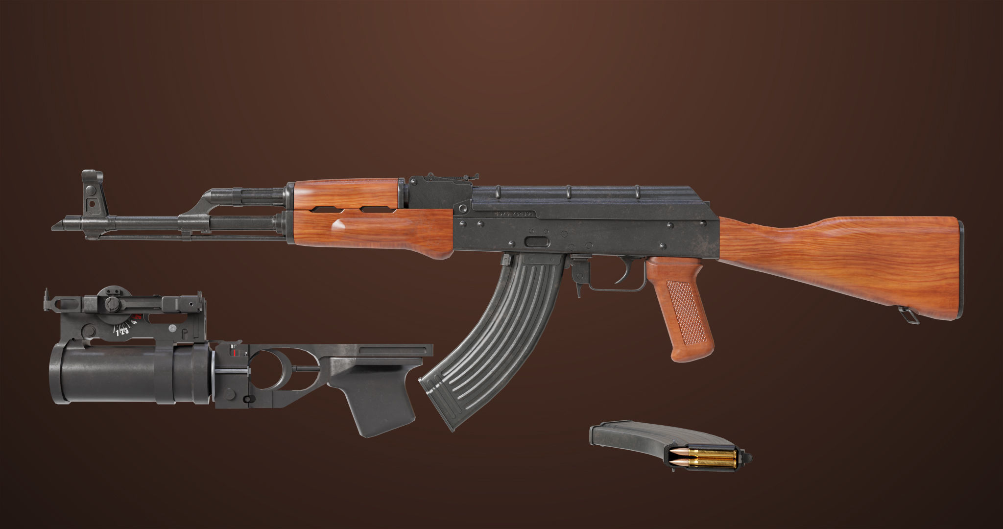 Light Machine Gun 10 Wood All PBR Unity UE Textures Low-poly 3D model_1