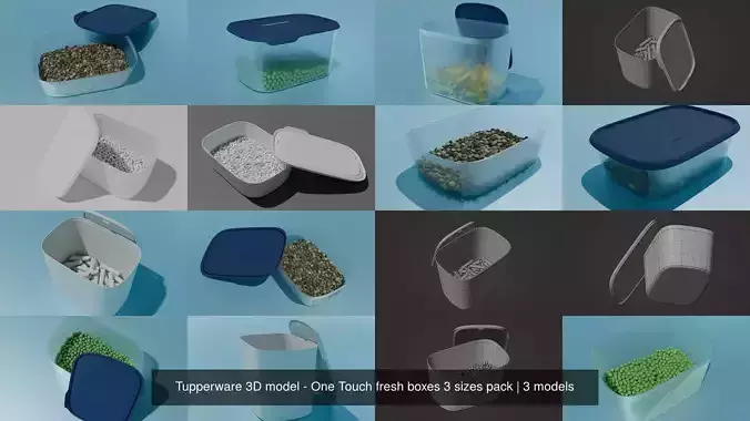 Tupperware 3D model - One Touch fresh boxes 3 sizes pack 3D Model Collection