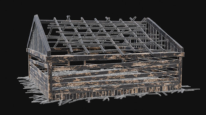 BURNED WOODEN HOUSES RUIN DESTROYED COTTAGE OLD COLLECTION Low-poly 3D model 6