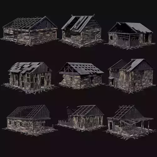 BURNED WOODEN HOUSES RUIN DESTROYED COTTAGE OLD COLLECTION Low-poly 3D model