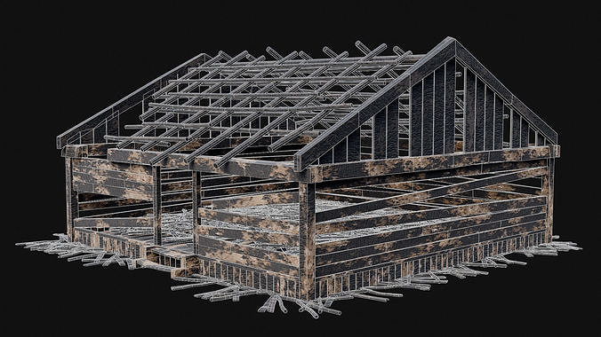 BURNED WOODEN HOUSES RUIN DESTROYED COTTAGE OLD COLLECTION Low-poly 3D model 5