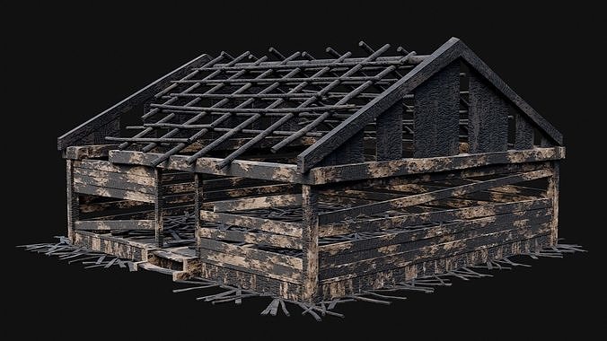 BURNED WOODEN HOUSES RUIN DESTROYED COTTAGE OLD COLLECTION Low-poly 3D model 2
