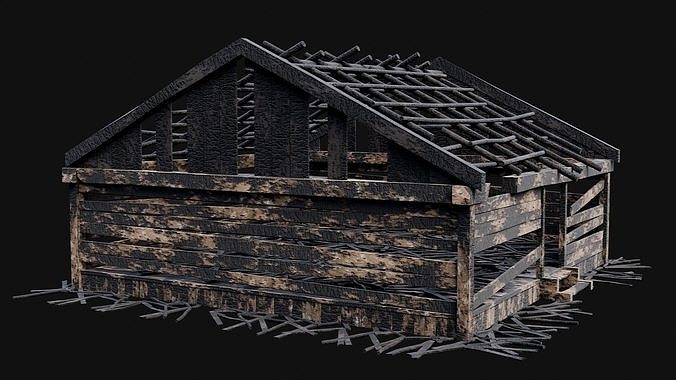 BURNED WOODEN HOUSES RUIN DESTROYED COTTAGE OLD COLLECTION Low-poly 3D model 4