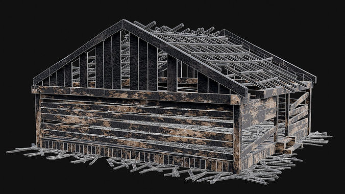 BURNED WOODEN HOUSES RUIN DESTROYED COTTAGE OLD COLLECTION Low-poly 3D model 7