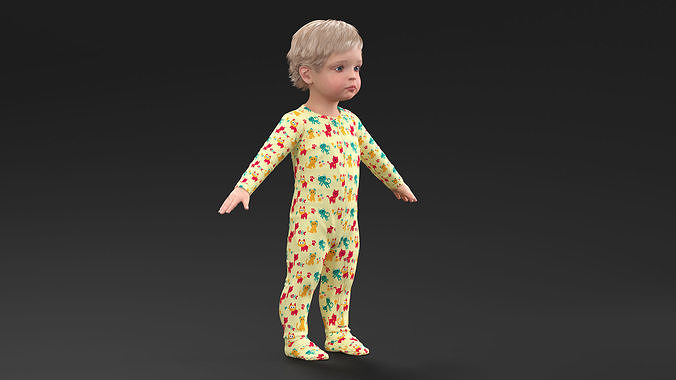 Toddler Aged 1 Year in Pajamas A-Pose 3D model 3