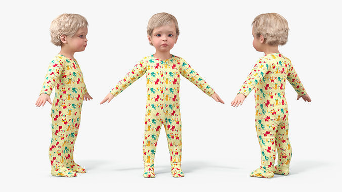 Toddler Aged 1 Year in Pajamas A-Pose 3D model 6