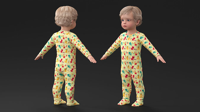 Toddler Aged 1 Year in Pajamas A-Pose 3D model 4