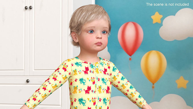 Toddler Aged 1 Year in Pajamas A-Pose 3D model 2