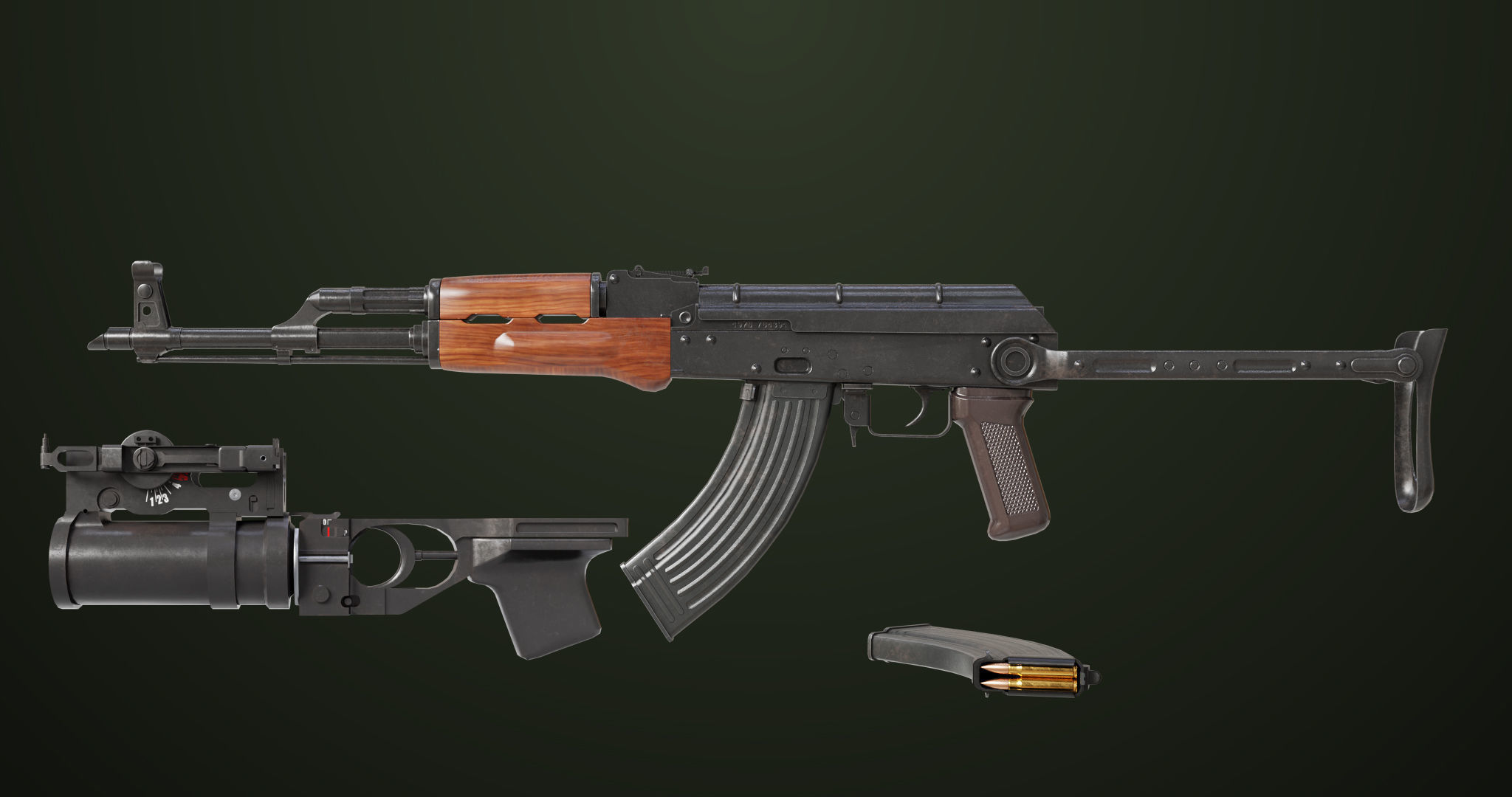 AKMS Light Machine Gun 10 Wood All PBR Unity UE Textures Low-poly 3D model_1