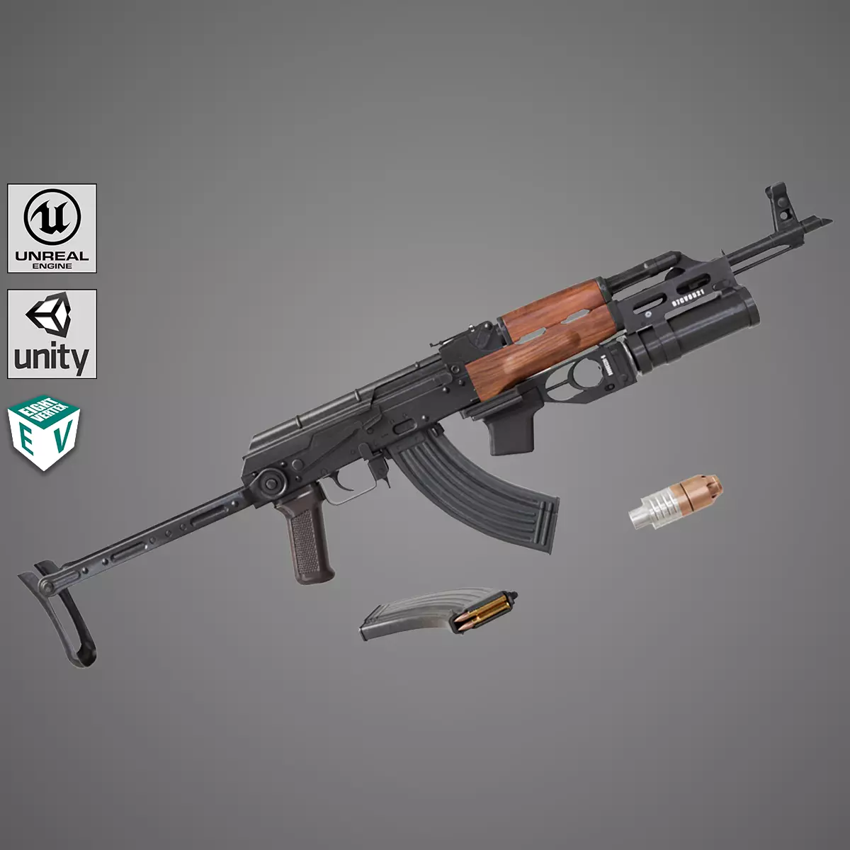 AKMS Light Machine Gun 10 Wood All PBR Unity UE Textures Low-poly 3D model_0