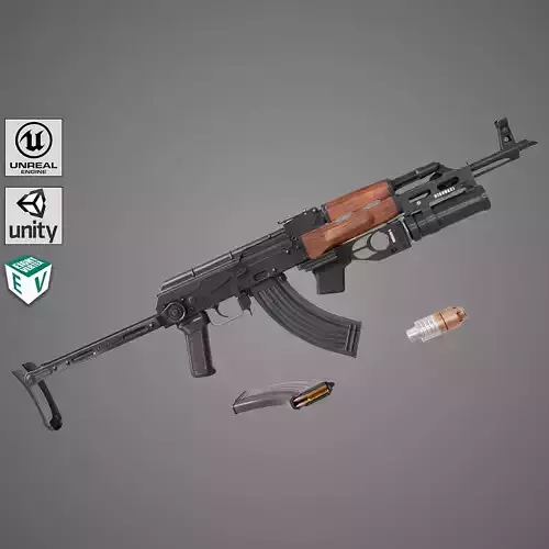 AKMS Light Machine Gun 10 Wood All PBR Unity UE Textures Low-poly 3D model