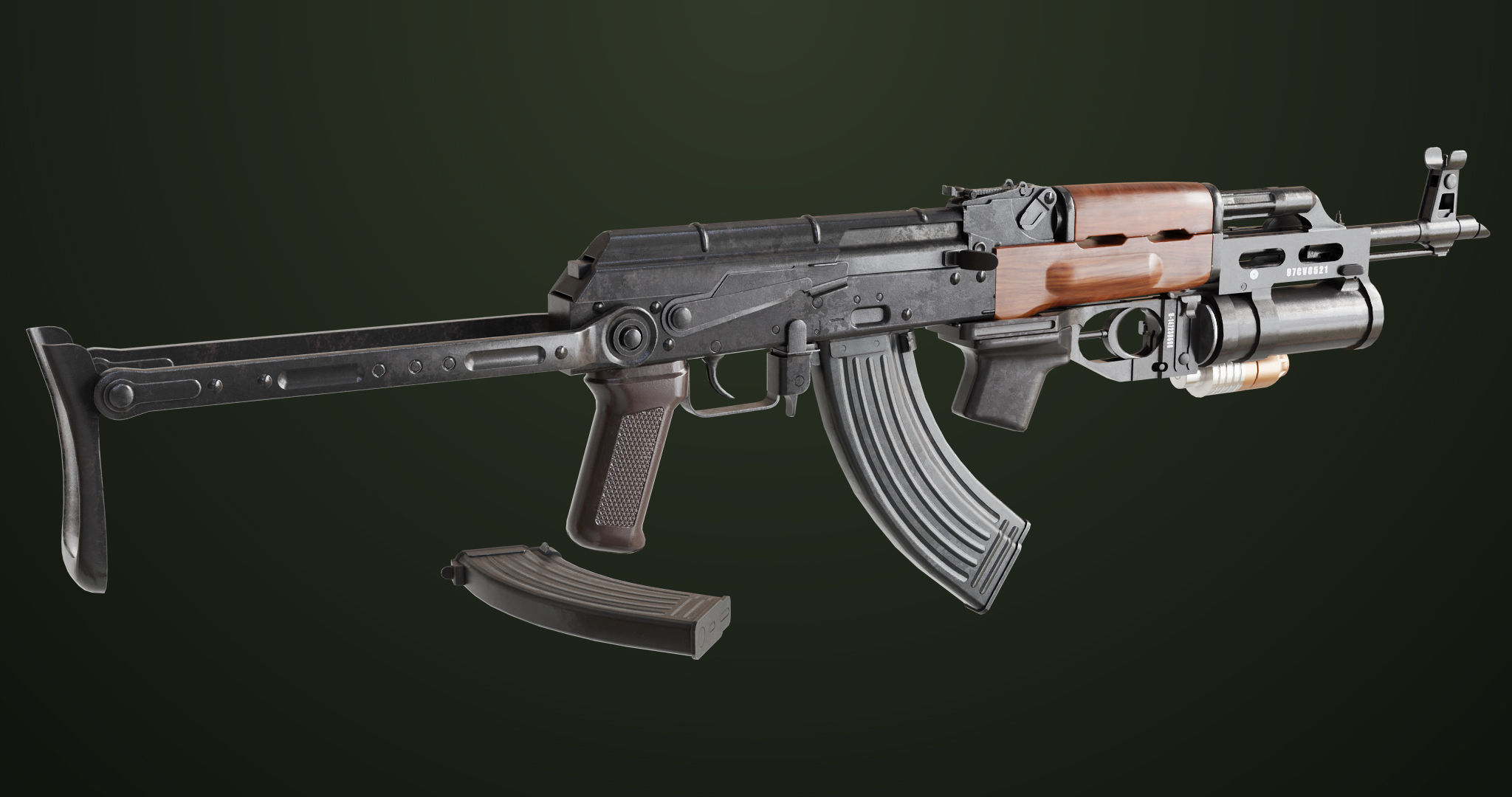 AKMS Light Machine Gun 10 Wood All PBR Unity UE Textures Low-poly 3D model_15