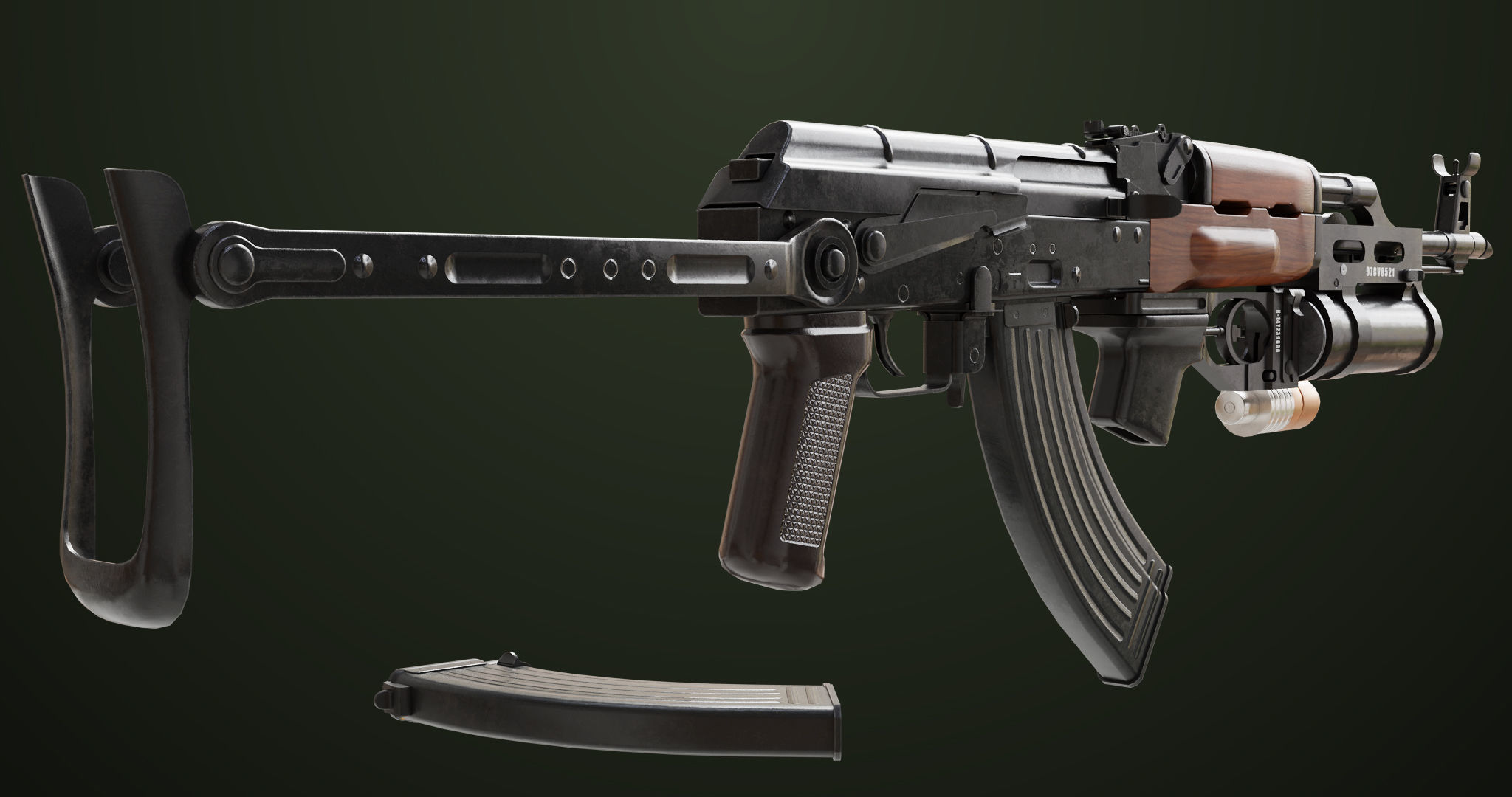 AKMS Light Machine Gun 10 Wood All PBR Unity UE Textures Low-poly 3D model_8