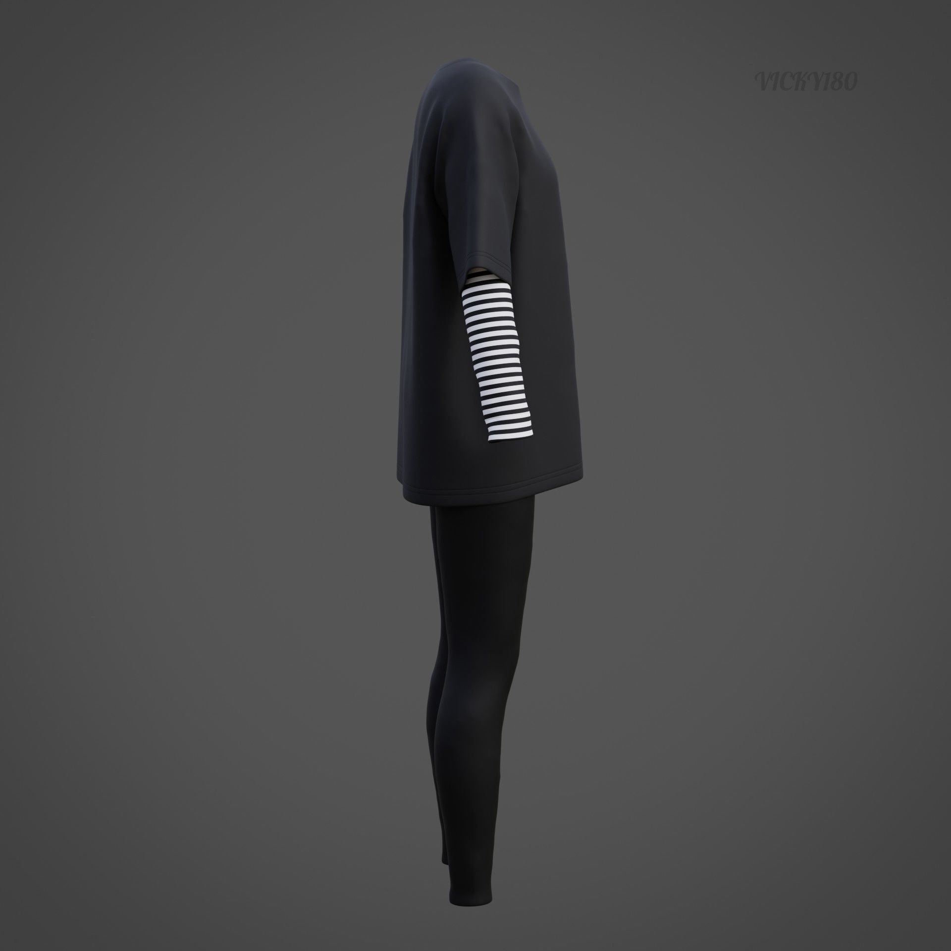 Oversized T-Shirt and Leggings Goth Outfit - White and Black ... 3D model_35