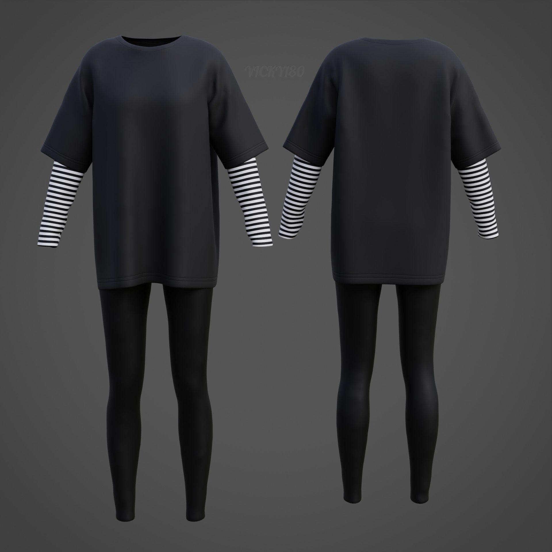 Oversized T-Shirt and Leggings Goth Outfit - White and Black ... 3D model_7