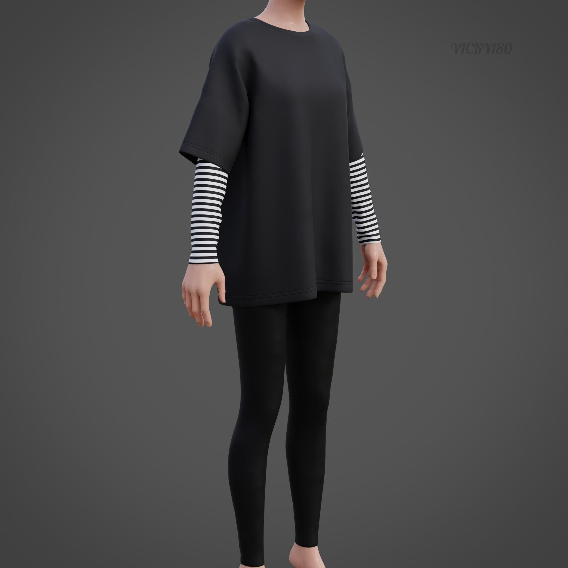 Oversized T-Shirt and Leggings Goth Outfit - White and Black ... 3D model_16
